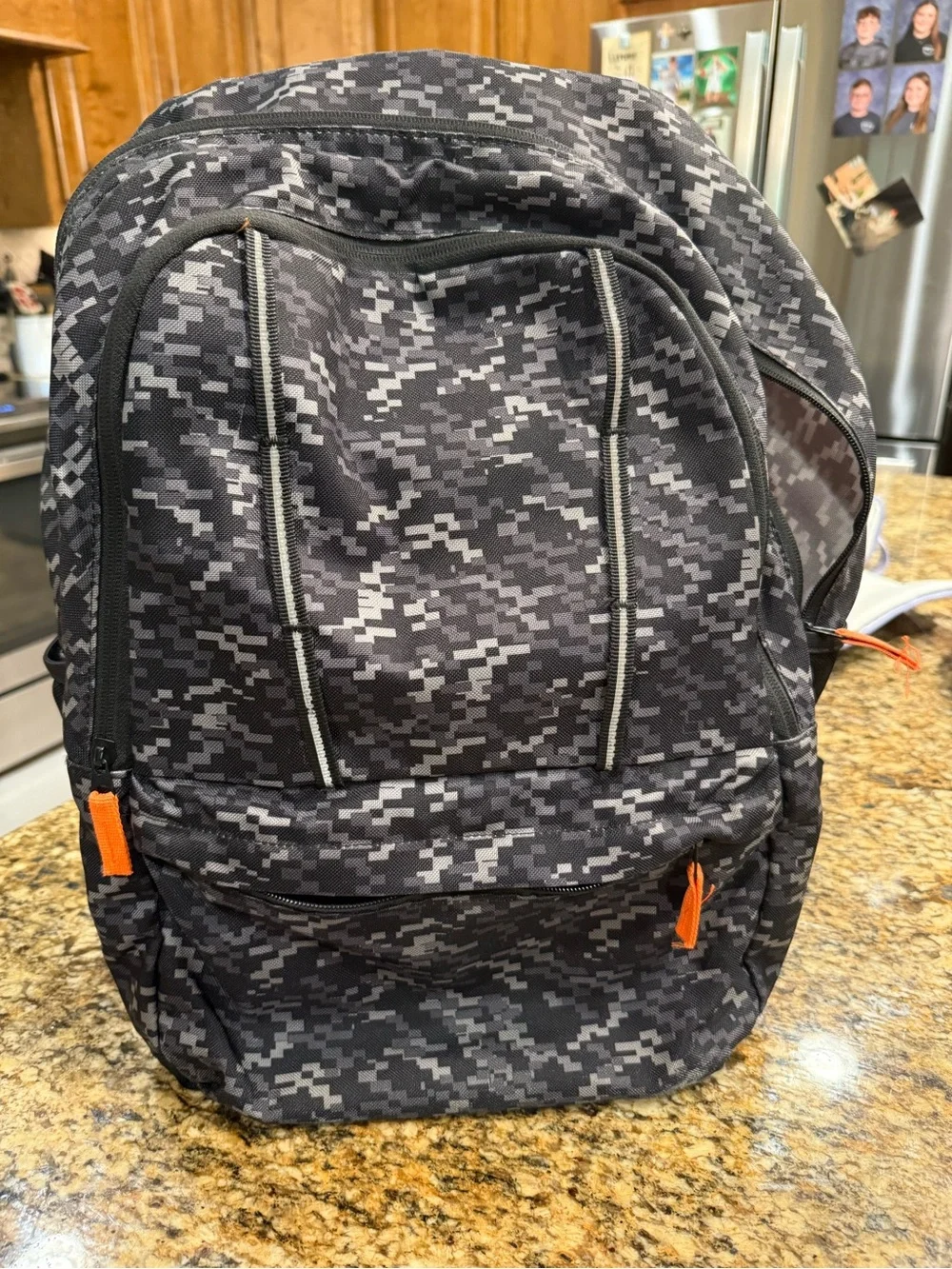 Lands' End Kids Digital Camo Backpack in Black and Gray with Orange Accents
